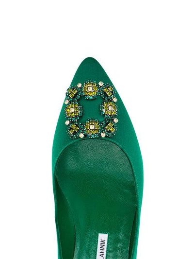 Shop Manolo Blahnik Green Hangisi Buckle Satin Pumps