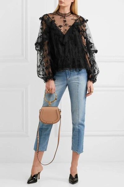 Shop Chloé Ruffled Embroidered Tulle Blouse In Black