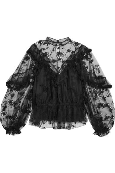 Shop Chloé Ruffled Embroidered Tulle Blouse In Black