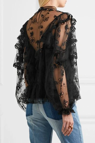 Shop Chloé Ruffled Embroidered Tulle Blouse In Black