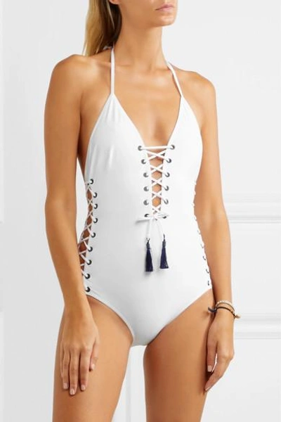 Shop Emma Pake Carlotta Lace-up Halterneck Swimsuit In White
