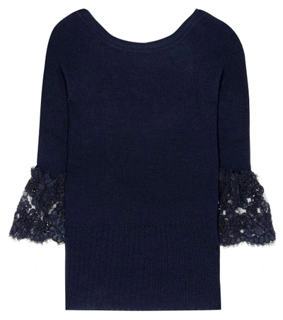 Shop Oscar De La Renta Corded Lace-trimmed Wool Pullover In Blue