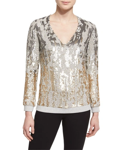 Jenny Packham Long-sleeve Sequined Burnout Top, Dawn Gold, Gold/dawn