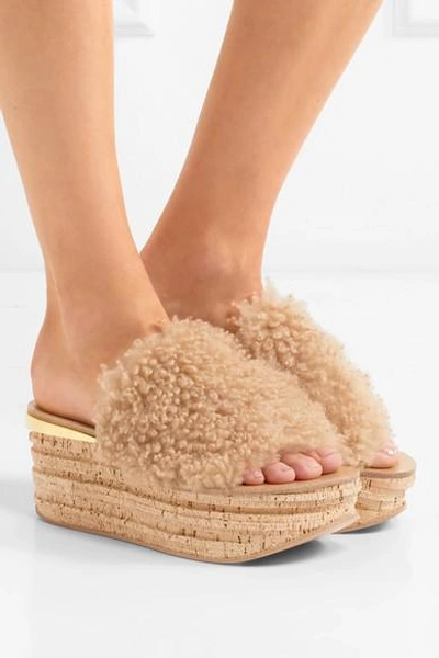 Shop Chloé Camille Shearling Platform Slides In Beige