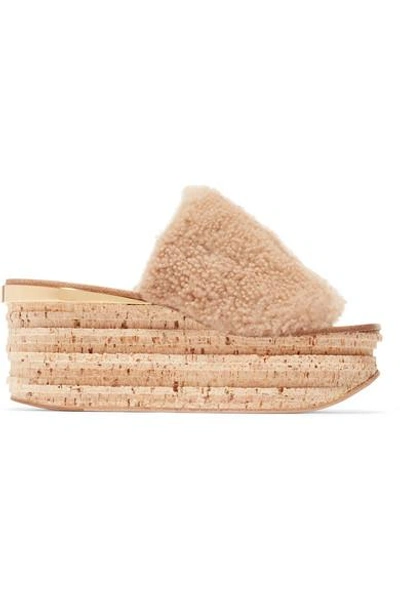 Shop Chloé Camille Shearling Platform Slides In Beige