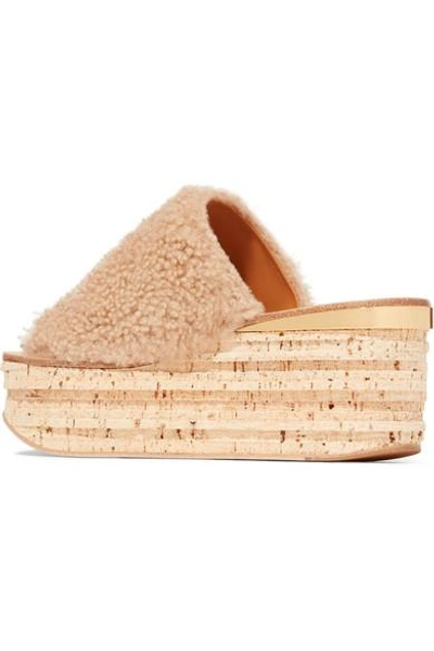 Shop Chloé Camille Shearling Platform Slides In Beige