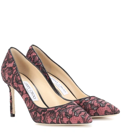 Jimmy Choo Romy 85 Leather And Lace Pumps In Pink