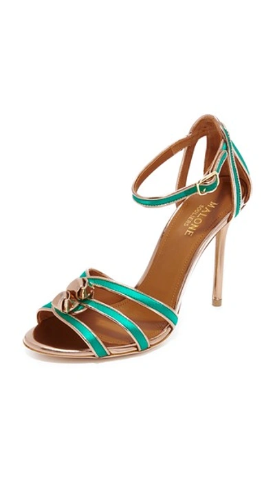 Malone Souliers Eunice Metallic Leather-trimmed Satin Sandals In Emerald/rose Gold