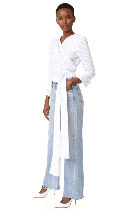 Monse Pinstriped Wrap-front Blouse, White/blue In White Blue