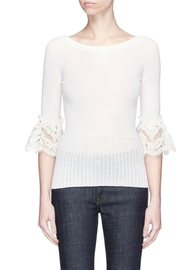 Shop Oscar De La Renta Flared Lace Cuff Merino Wool Top