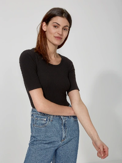 Shop Frank + Oak Cotton-modal Elbow-sleeve Knit Top In True Black