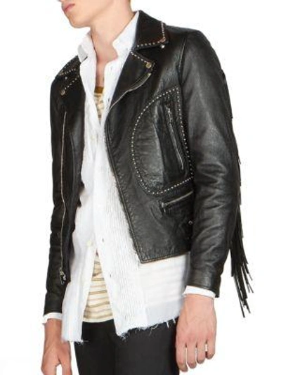 Shop Saint Laurent Fringe Leather Moto Jacket In Black-grey