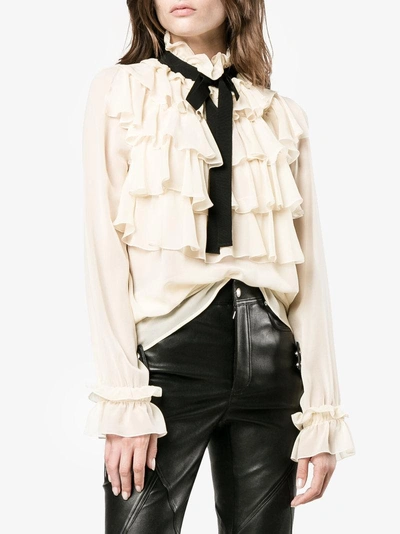 Shop Gucci Ruffle Pussy Bow Shirt In Nude&neutrals