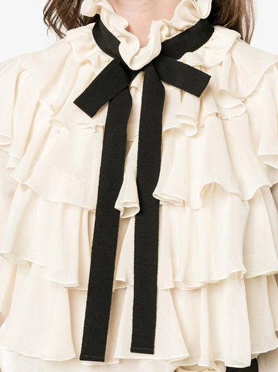 Shop Gucci Ruffle Pussy Bow Shirt In Nude&neutrals