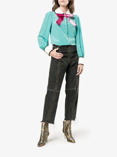 Shop Gucci Long Sleeve Pussy Bow Blouse In Blue