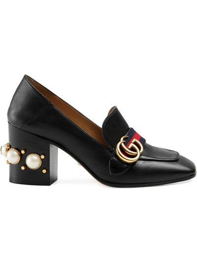 Shop Gucci 80mm Pearl Heel Leather Pumps In Black