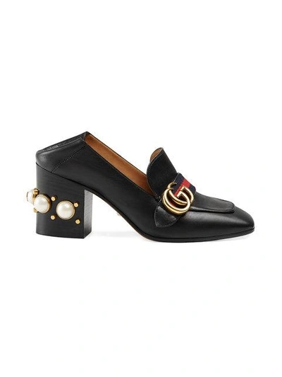 Shop Gucci 80mm Pearl Heel Leather Pumps In Black