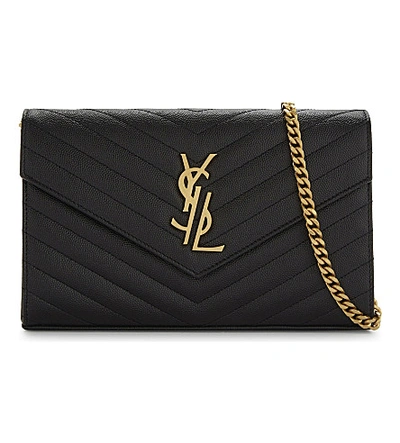 Saint Laurent Monogram Quilted Pebbled Leather Wallet-on-a-chain In Black