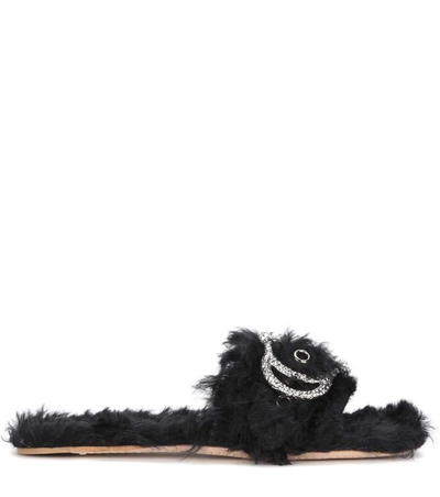 Shop Miu Miu Embellished Faux Fur Slides In Black
