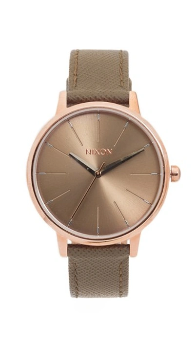 Nixon Kensington Leather Watch In Rose Gold/taupe