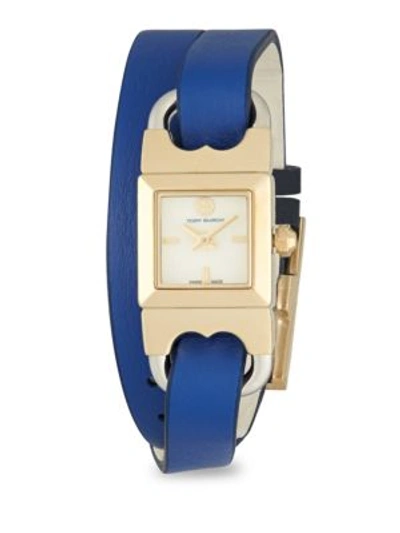 Tory Burch Gemini Link Goldtone Stainless Steel & Leather Double-wrap Strap Watch In Blue