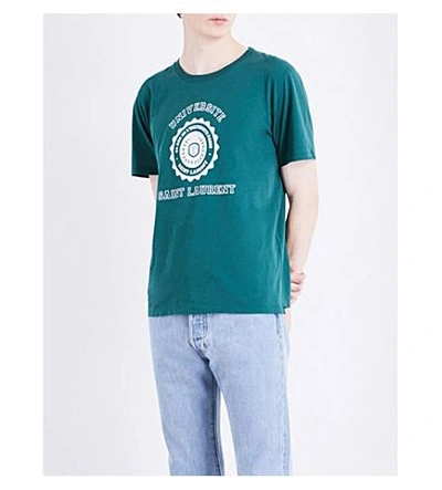 Shop Saint Laurent University-print Cotton-jersey T-shirt In Green