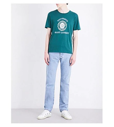 Shop Saint Laurent University-print Cotton-jersey T-shirt In Green