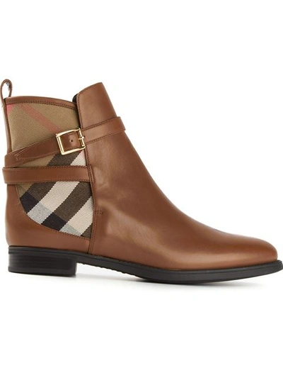Burberry Strap Detail House Check And Leather Ankle Boots In Bright Camel