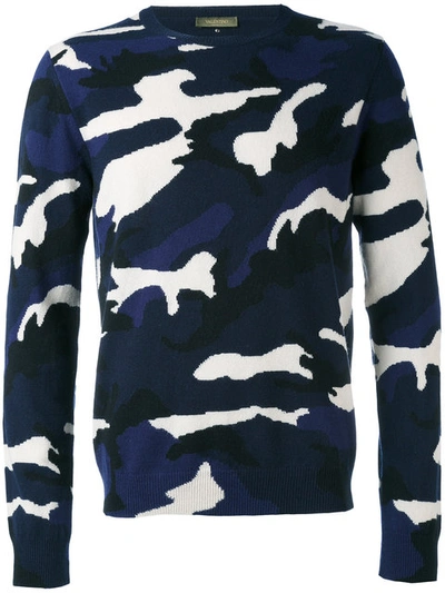Valentino Camouflage Print Crew Neck Sweatshirt Man Dark Blue Cotton 92%, Polyamide 8% L