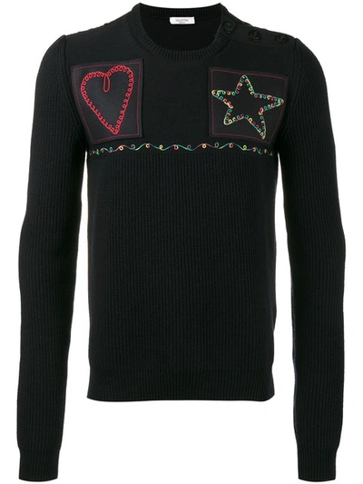 Valentino Patched Fisherman Knit Sweater In Dark Blue
