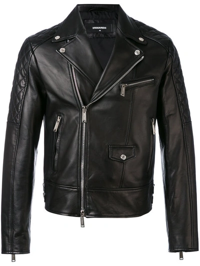 Dsquared2 Chiodo Quilted Sleeves Leather Jacket In Black
