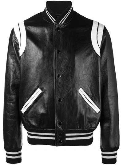 Shop Saint Laurent Stripe Leather Varsity Jacket - Black