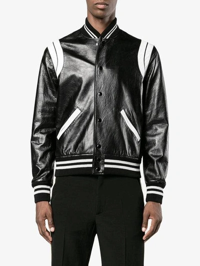 Shop Saint Laurent Stripe Leather Varsity Jacket - Black
