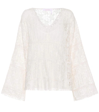 See By Chloé 'pleated Lace V-neck' Bell Sleeve Blouse In Natural White