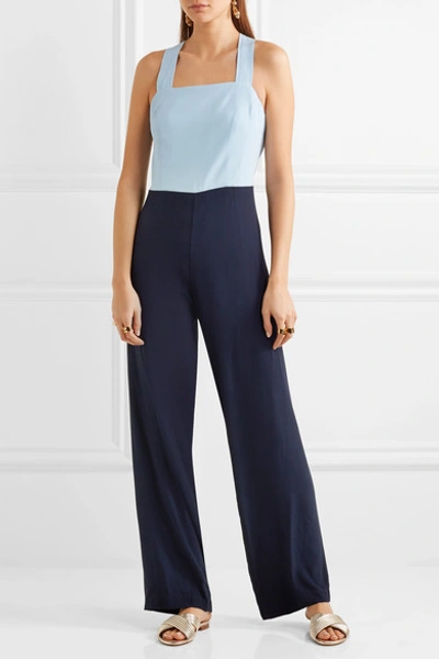 Shop Staud Ross Two-tone Crepe Jumpsuit In Light Blue
