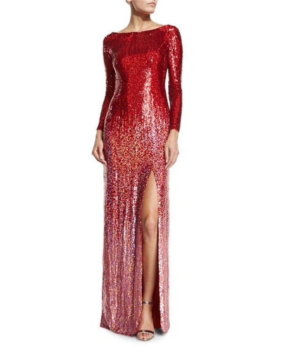 Jenny Packham Long-sleeve Boat-neck Ombre Sequined Gown, Tomette