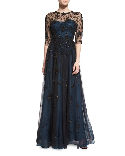 Jenny Packham Half-sleeve Embellished Gown, Black Abusson Blue