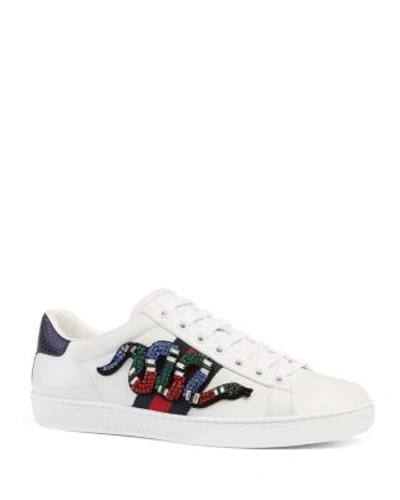 Shop Gucci New Ace Embellished Lace Up Low Top Sneakers In White Multi