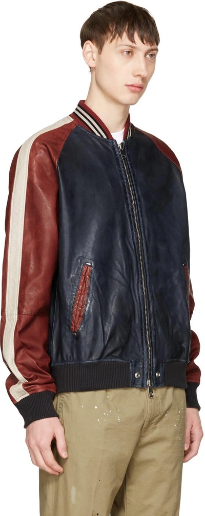 Diesel Blue-bordeaux-ivory Truly Leather Jacket In Blue - Red | ModeSens