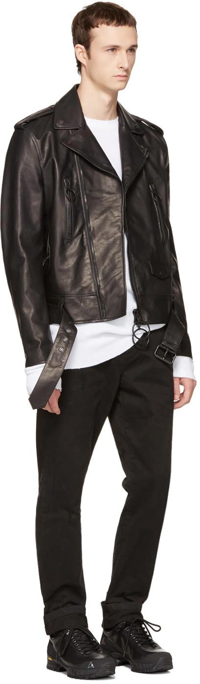 Shop Off-white Black Leather Brushed Biker Jacket