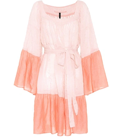 Lisa Marie Fernandez Ruffled Waist-tie Striped Cotton-blend Dress In Pink