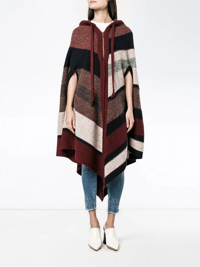 Shop Chloé Knitted Stripe Hooded Poncho In Multicolour