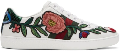 Shop Gucci White Floral And Bow Ace Sneakers In 9064 White