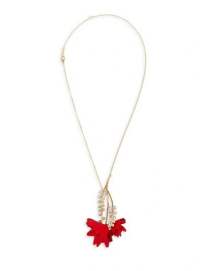 Marni Leather Flower & Strass Pendant Necklace, 26" In Gold-red