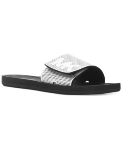 Michael Kors 'mk' Logo Perforated Mirror Band Slide Sandals In Optic White