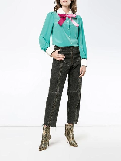 Shop Gucci Long Sleeve Pussy Bow Blouse In 4678 Blue