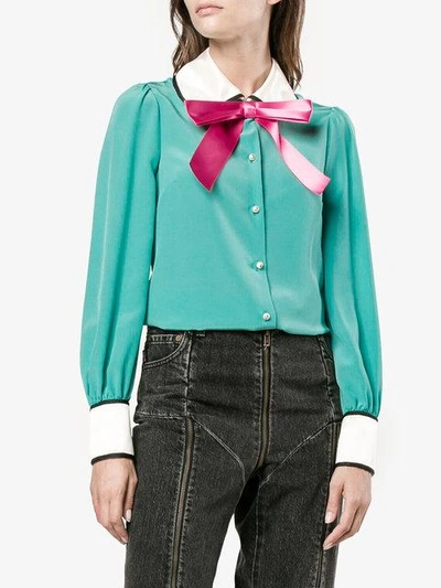 Shop Gucci Long Sleeve Pussy Bow Blouse In 4678 Blue