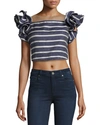 JOHANNA ORTIZ STRIPED RUFFLED-SHOULDER CROPPED BLOUSE, BLUE/WHITE