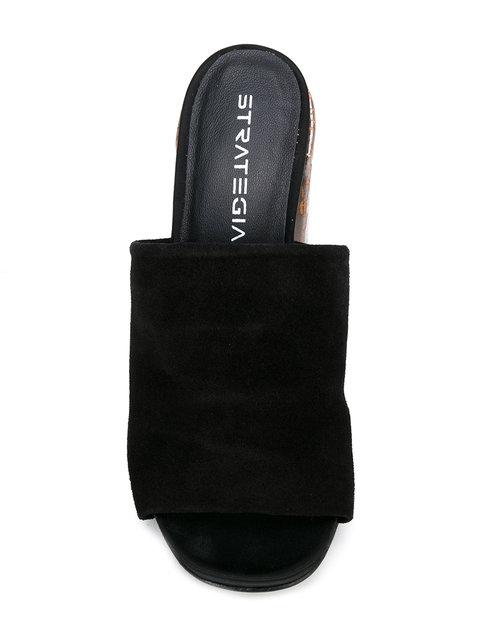 black chunky heel mules