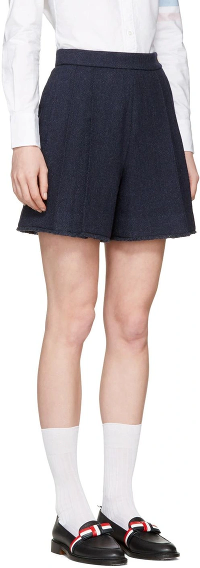 Shop Thom Browne Navy Pleated Wool Shorts